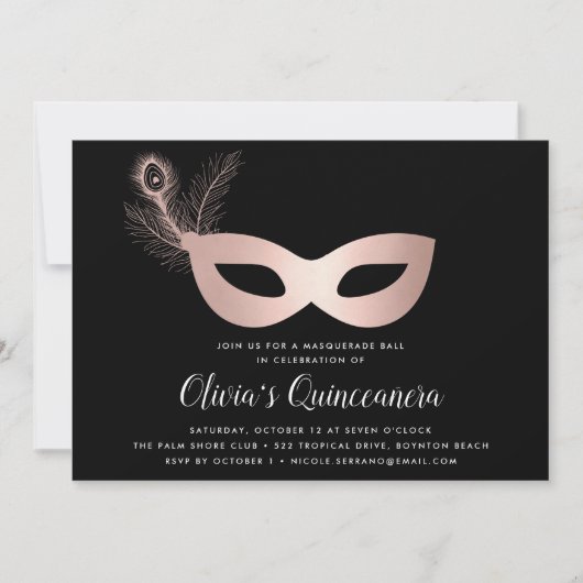 Invitation Elégant Rose Gold Masquerade thème Quinceanera (Devant)