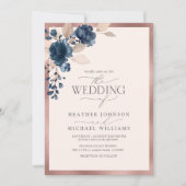 Invitation Elégant Rose Gold Navy bleu bleu bleu rose floral (Devant)