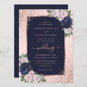 Invitation Elégant Rose Gold Navy Blue Blush Floral Mariage (Devant / Derrière)