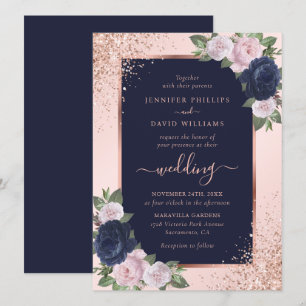 Invitation Elégant Rose Gold Navy Blue Blush Floral Mariage