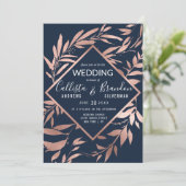 Invitation Elégant Rose Gold Navy Blue Floral Feuille Mariage (Debout devant)