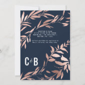 Invitation Elégant Rose Gold Navy Blue Floral Feuille Mariage (Dos)