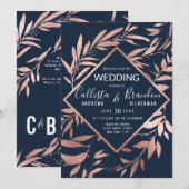 Invitation Elégant Rose Gold Navy Blue Floral Feuille Mariage (Devant / Derrière)