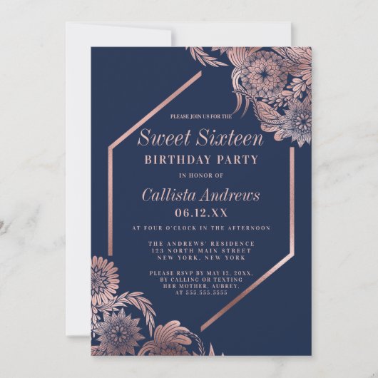 Invitation Elégant Rose Gold Navy Blue Floral Frame Sweet 16 (Devant)