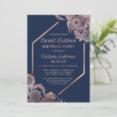 Invitation Elégant Rose Gold Navy Blue Floral Frame Sweet 16 (Debout devant)