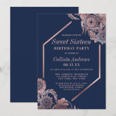 Invitation Elégant Rose Gold Navy Blue Floral Frame Sweet 16 (Devant / Derrière)