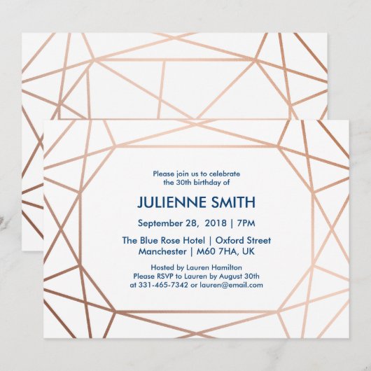 Invitation Elégant Rose Gold & Navy Blue Geometry Anniversair (Devant / Derrière)