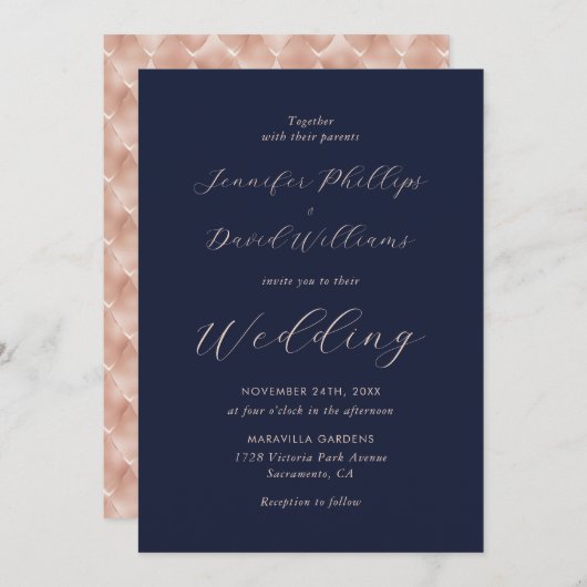 Invitation Elégant Rose Gold Navy Blue Modern Script Mariage (Devant / Derrière)