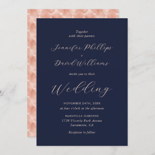 Invitation Elégant Rose Gold Navy Blue Modern Script Mariage