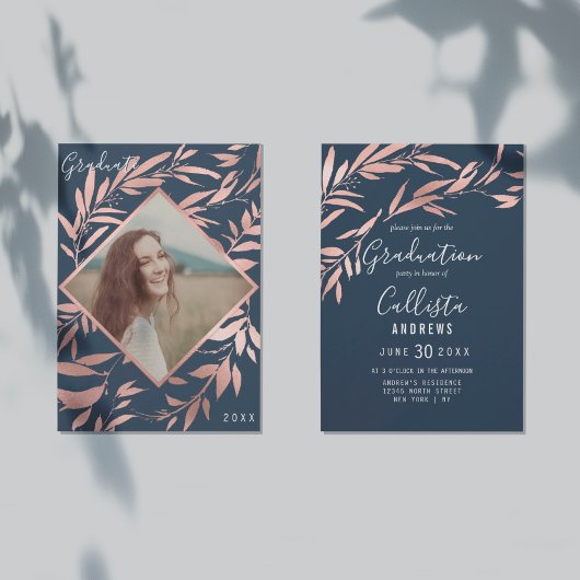 Invitation Élégant Rose Gold Navy Feuilles photo