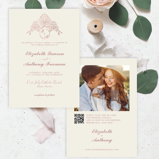 Invitation Elégant Rose Gold Orchid Photo QR Code Mariage