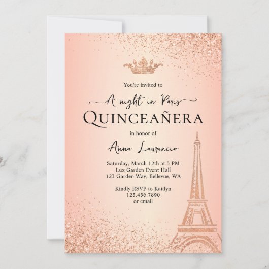 Invitation Elégant Rose Gold Paris Night Theme Quinceanera (Devant)