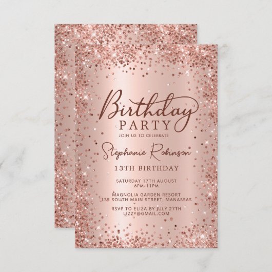 Invitation Elégant Rose Gold Parties scintillant métallique 1 (Devant / Derrière)