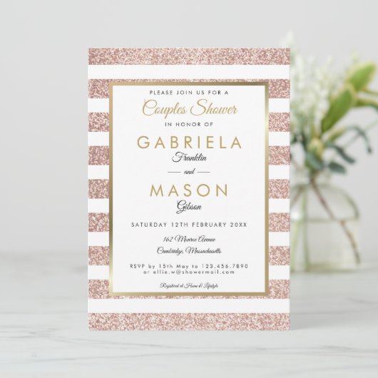 Invitation Elégant Rose Gold Parties scintillant Stripe Coupl (Debout devant)