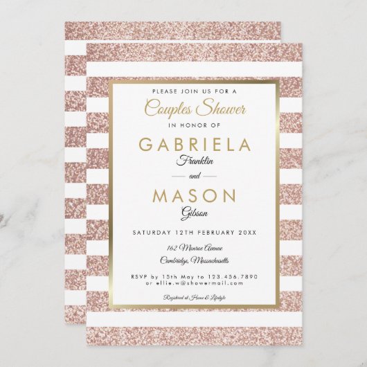 Invitation Elégant Rose Gold Parties scintillant Stripe Coupl (Devant / Derrière)
