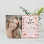 Invitation Elégant Rose Gold Pink Photo 50e anniversaire (Debout devant)
