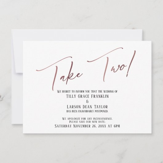 Invitation Elégant Rose Gold Prenez deux Mariage reporté (Devant)