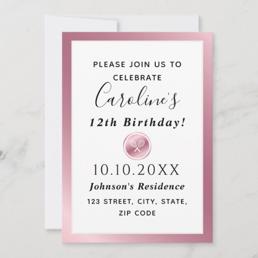 Invitation Élégant Rose Gold Rackets Girls Pink Party (Devant)