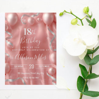 Invitation Elegant Rose Gold & Silver Balloon 18th Birthday