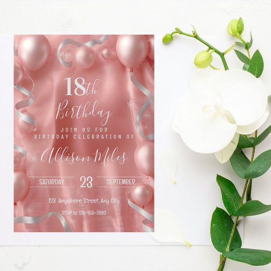 Invitation Elegant Rose Gold & Silver Balloon 18th Birthday
