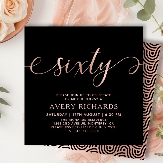 Invitation Elégant Rose Gold Soixante Script Black 60e annive