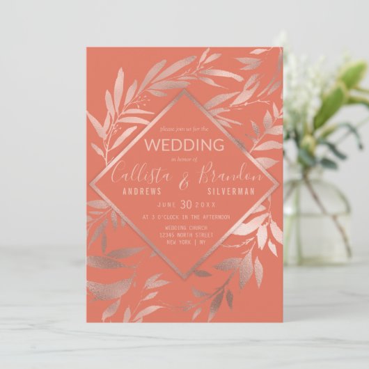 Invitation Élégant Rose Gold Terracotta Floral Feuille Mariag (Debout devant)