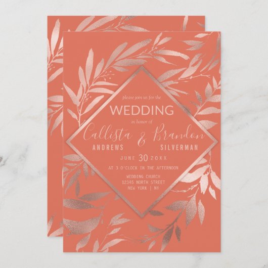 Invitation Élégant Rose Gold Terracotta Floral Feuille Mariag (Devant / Derrière)