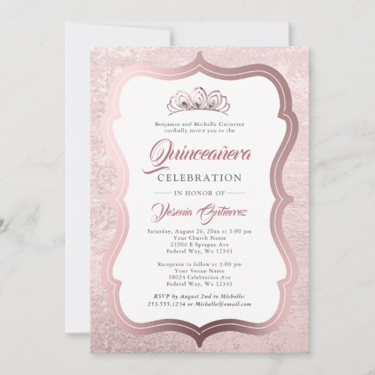 Invitation Elégant Rose Gold Tiara Quinceañera (Devant)