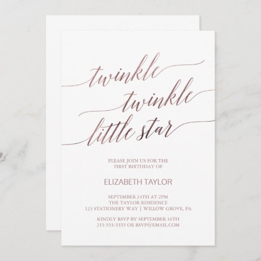 Invitation Elégant Rose Gold Twinkle Twinkle Anniversaire (Devant / Derrière)