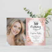 Invitation Elégant Rose Gold White Photo 50e anniversaire (Debout devant)