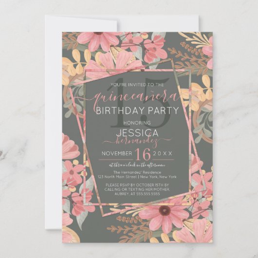 Invitation Elégant rose Golden Sage Fleurs feuille Quinceañer (Devant)