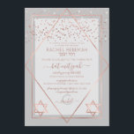 Invitation Elégant Rose gris Gold Confetti Bat mitzvah fronti<br><div class="desc">Cette invitation Bat mitzvah moderne et élégante est idéale pour un événement formel et élégant. Il présente un confetti de parties scintillant en or brillant rose, imbriqué sur une mince bordure géométrique en diamant et rectangle avec une bordure épaisse et gris foncé en dessous et un remplissage gris clair aux...</div>
