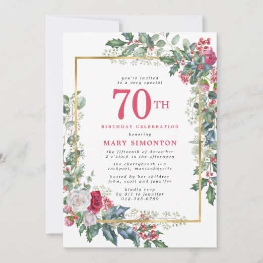 Invitation Élégant Rose Holly Berries 70e fête d'anniversaire (Devant)