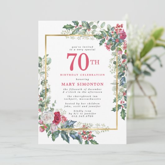 Invitation Élégant Rose Holly Berries 70e fête d'anniversaire (Debout devant)