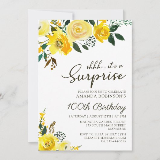 Invitation Elégant Rose jaune Floral Surprise 100e anniversai (Devant)