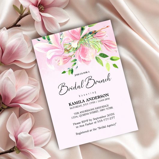 Invitation Elégant rose Magnolia aquarelle Brunch nuptial