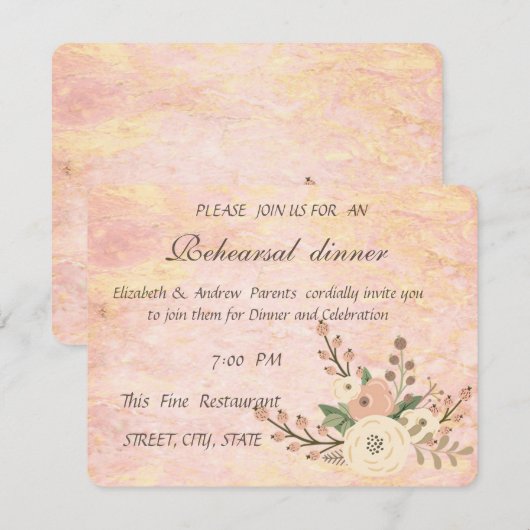 Invitation Élégant Rose Marbre Floral Dîner de répétition (Devant / Derrière)