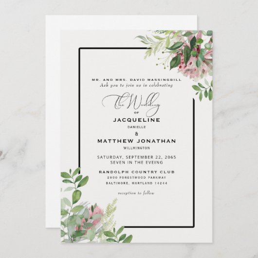 Invitation Élégant rose Mariage de verdure (Devant / Derrière)