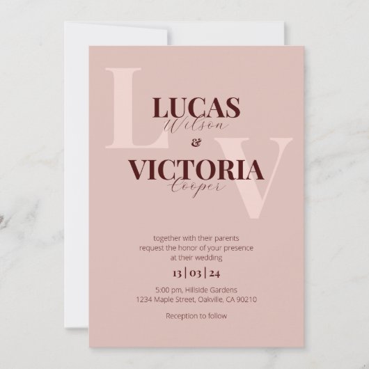 Invitation Élégant Rose Mariage or et vin foncé (Devant)