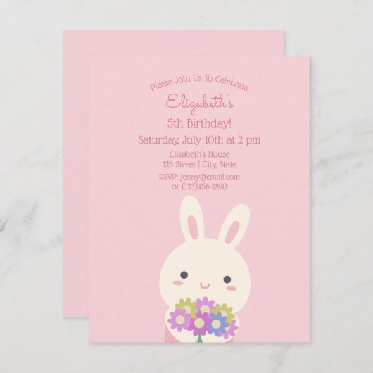 Invitation Elégant rose mignon lapin & Fleurs Fille Anniversa (Devant / Derrière)