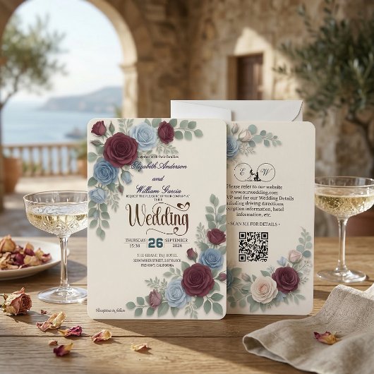 Invitation Elegant Rose Modern QR Code Wedding