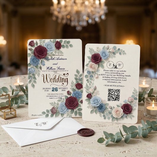 Invitation Elegant Rose Modern QR Code Wedding