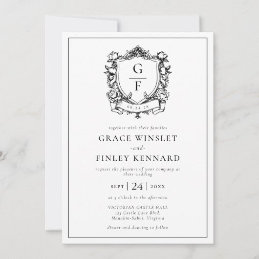 Invitation Élégant Rose Monogram Crest Mariage (Devant)