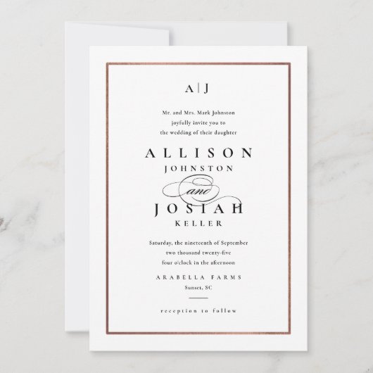 Invitation Élégant Rose Monogram Mariage or (Devant)