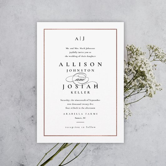 Invitation Élégant Rose Monogram Mariage or