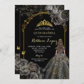 Invitation Elégant Rose noir et princesse d'or Quinceañera (Devant / Derrière)