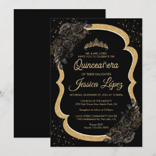 Invitation Elégant Rose noir et Quinceanera or