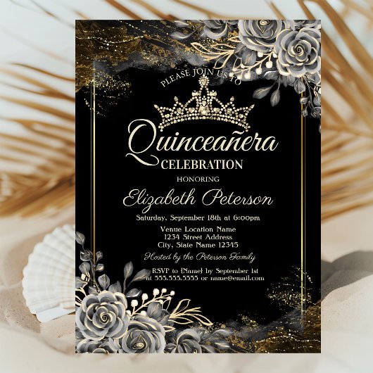Invitation Élégant Rose noir gothique Quinceañera