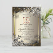 Invitation Élégant Rose noir, Lumières à cordes 15e anniversa (Debout devant)