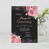Invitation Elégant Rose noir or Floral Quinceañera (Debout devant)